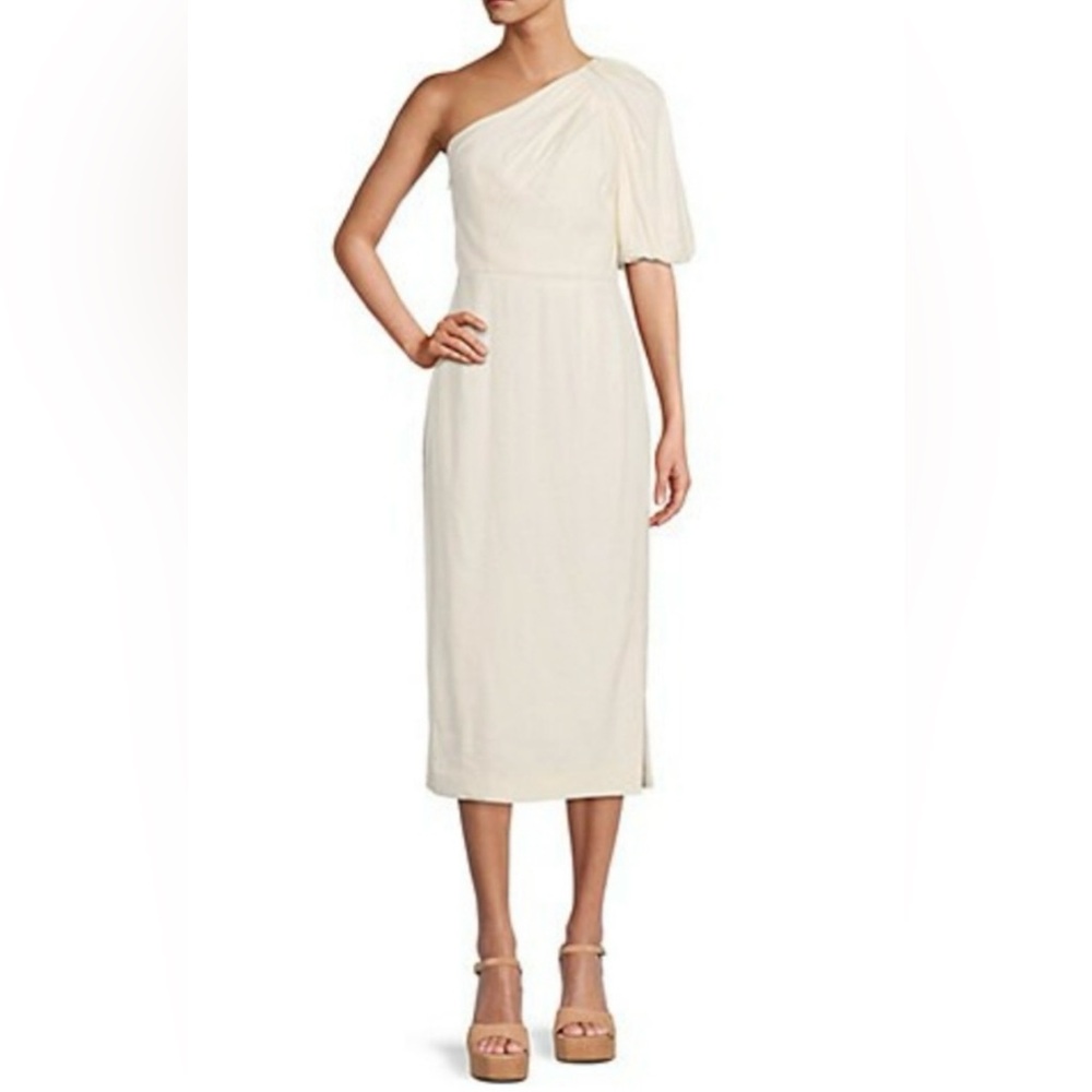 ANTONIO MELANI Lindy Asymmetric One Shoulder Linen Midi Sheath Dress Ivory‎ Sz 4